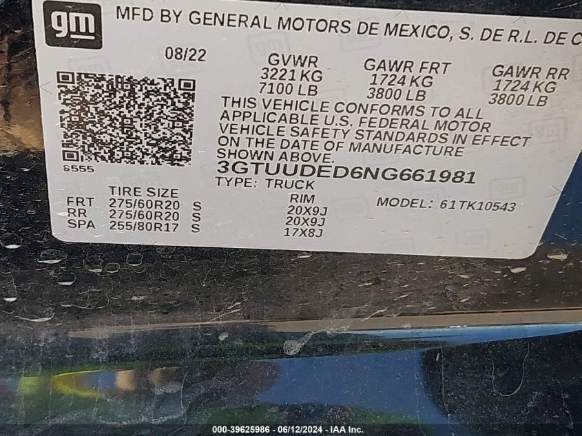 2022 GMC Sierra 1500 4Wd Short Box Slt VIN: 3GTUUDED6NG661981 Lot: 39625986