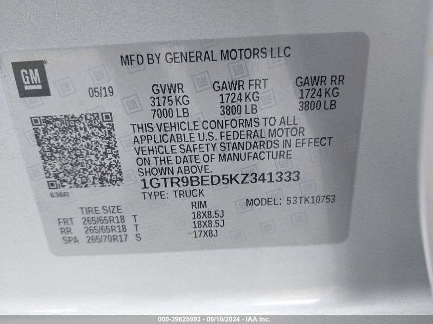 2019 GMC Sierra 1500 Sle VIN: 1GTR9BED5KZ341333 Lot: 39625993