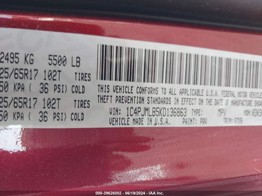 2019 Jeep Cherokee Latitude Plus 4X4 VIN: 1C4PJMLB5KD136863 Lot: 39626002