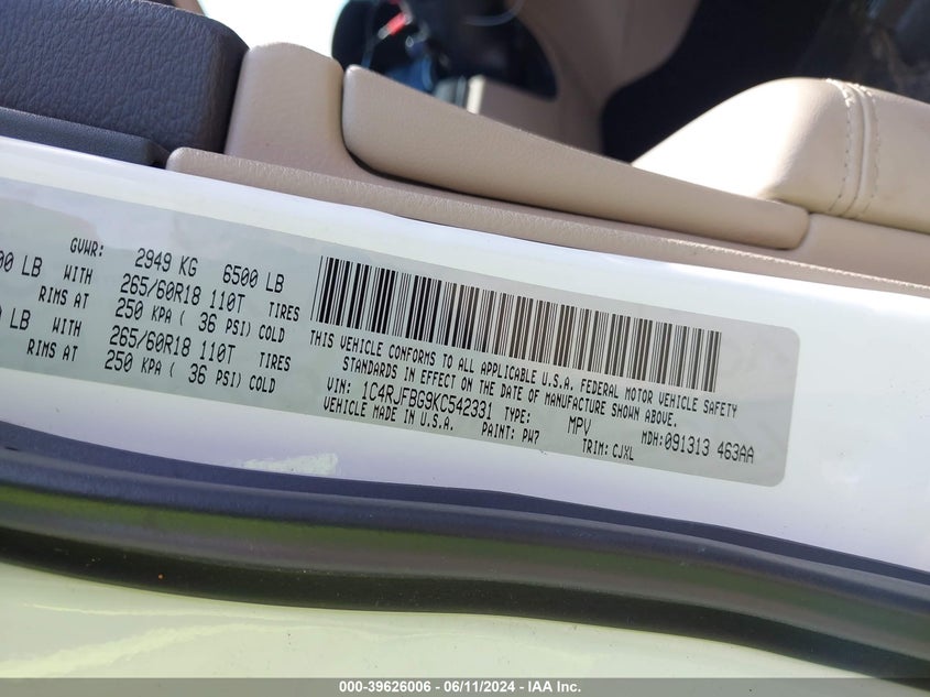 2019 Jeep Grand Cherokee Limited 4X4 VIN: 1C4RJFBG9KC542331 Lot: 39626006