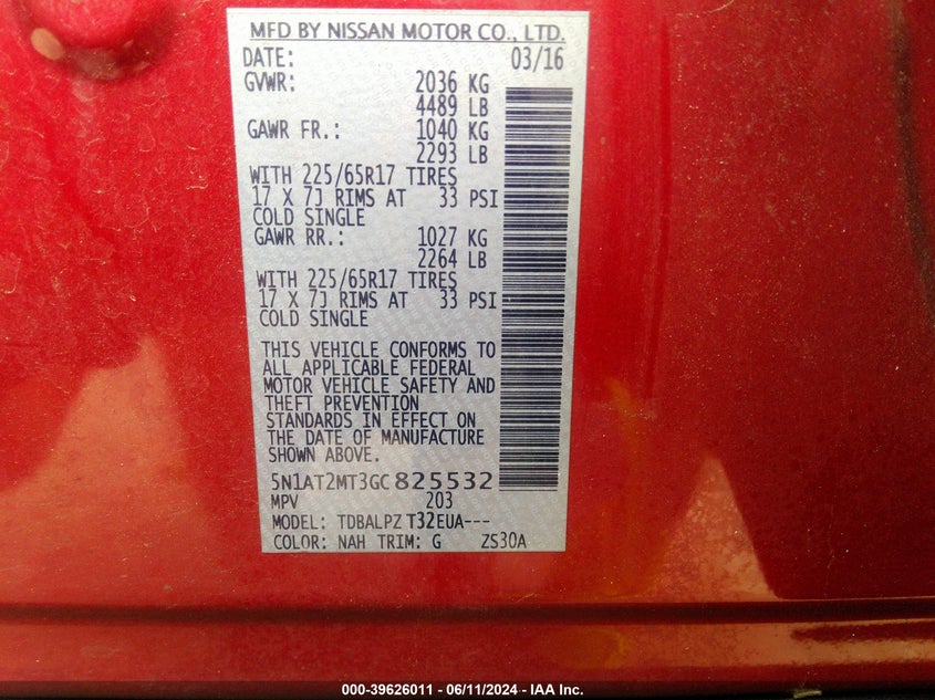 2016 Nissan Rogue S/Sl/Sv VIN: 5N1AT2MT3GC825532 Lot: 39626011