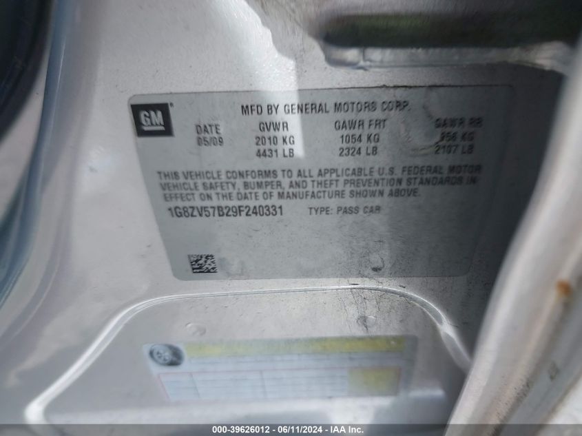 2009 Saturn Aura Xr VIN: 1G8ZV57B29F240331 Lot: 39626012