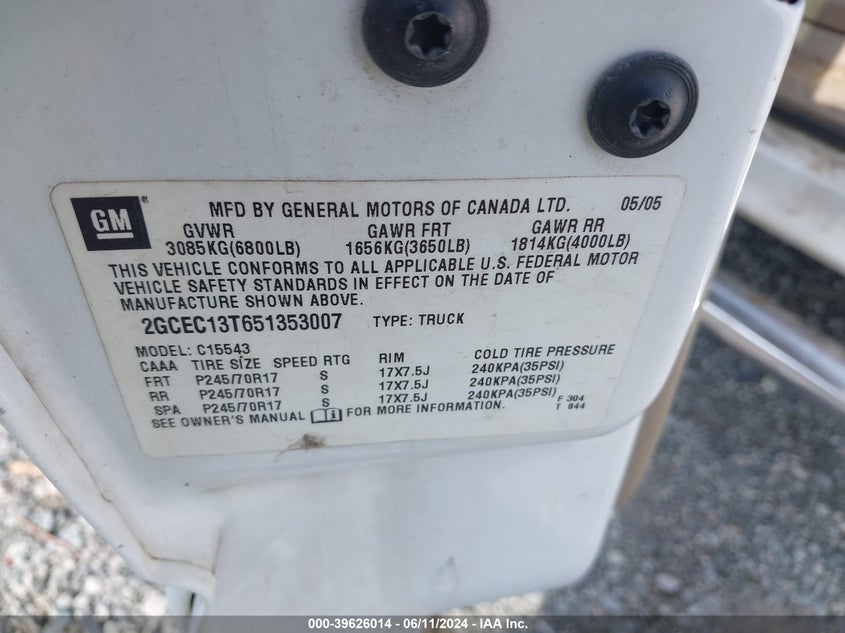2005 Chevrolet Silverado 1500 Ls VIN: 2GCEC13T651353007 Lot: 39626014