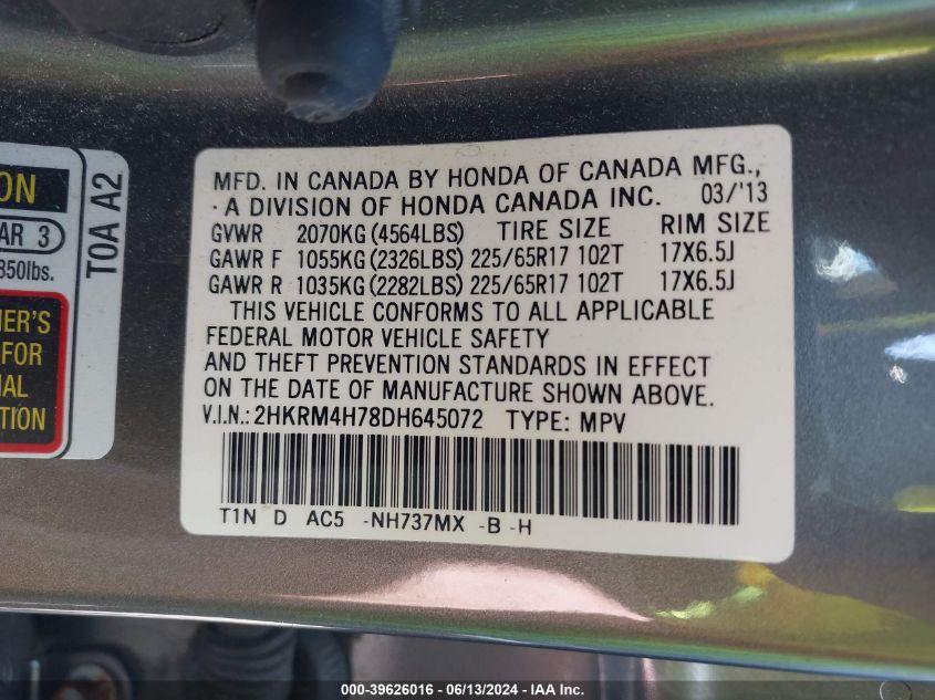 2013 Honda Cr-V Ex-L VIN: 2HKRM4H78DH645072 Lot: 39626016