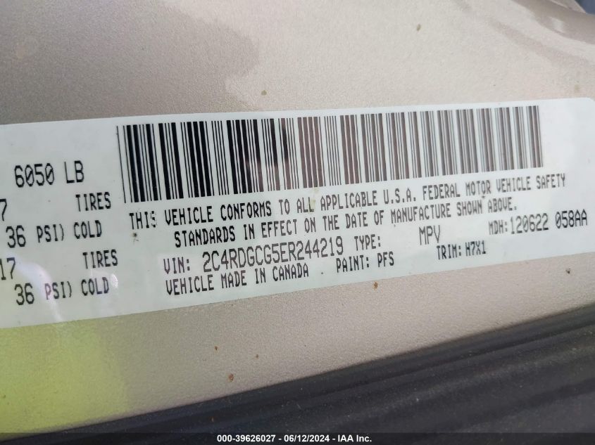 2014 Dodge Grand Caravan Sxt VIN: 2C4RDGCG5ER244219 Lot: 39626027