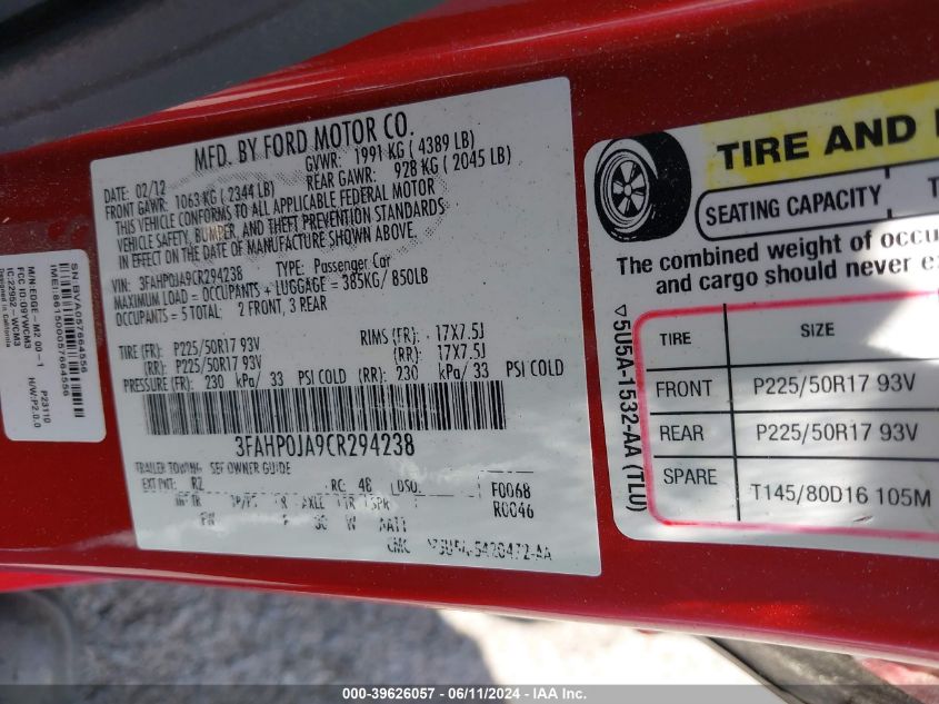 2012 Ford Fusion Sel VIN: 3FAHP0JA9CR294238 Lot: 39626057