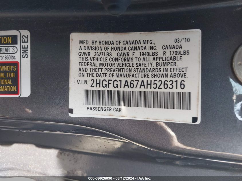 2010 Honda Civic Lx VIN: 2HGFG1A67AH526316 Lot: 39626090