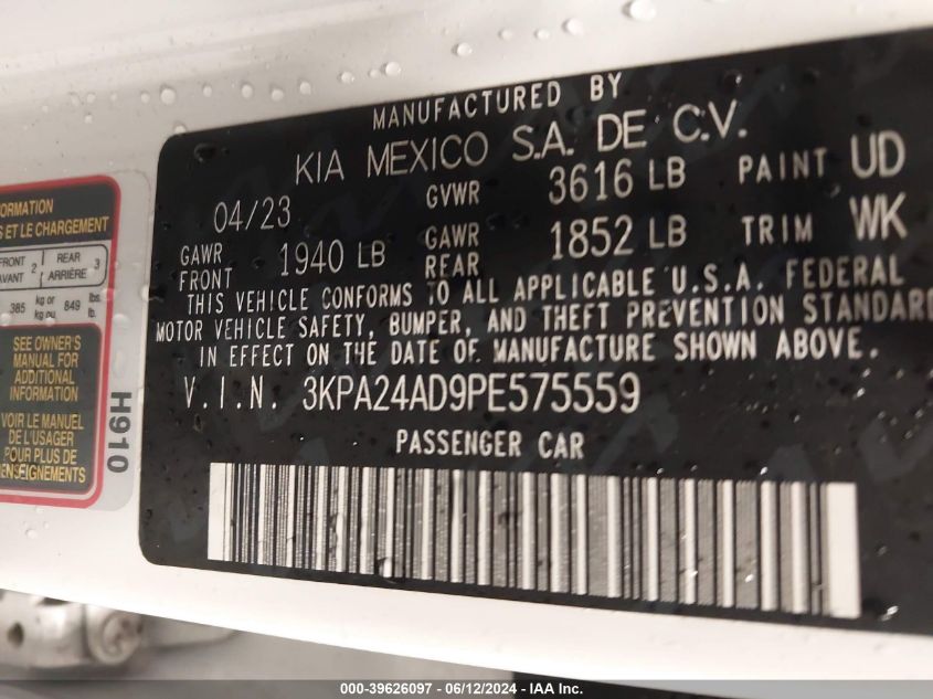 2023 Kia Rio Lx VIN: 3KPA24AD9PE575559 Lot: 39626097