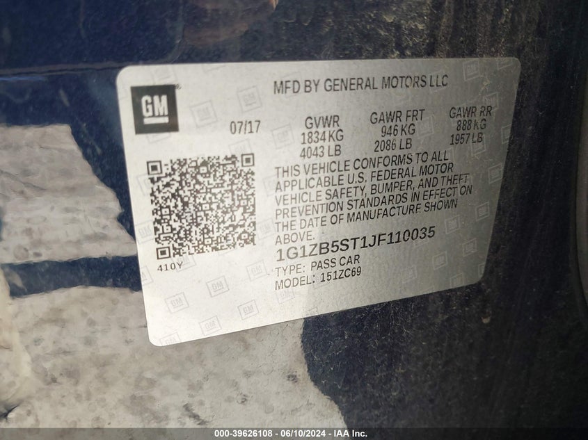 2018 Chevrolet Malibu 1Ls VIN: 1G1ZB5ST1JF110035 Lot: 39626108
