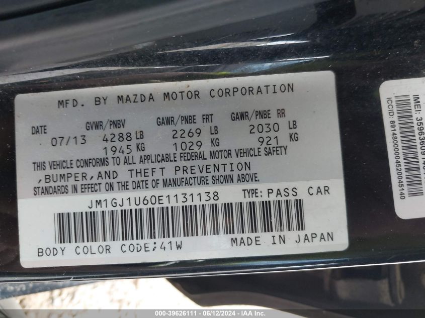 2014 Mazda Mazda6 I Sport VIN: JM1GJ1U60E1131138 Lot: 39626111