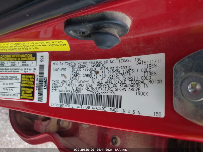 2012 Toyota Tacoma VIN: 5TFJX4CNXCX014207 Lot: 39626120