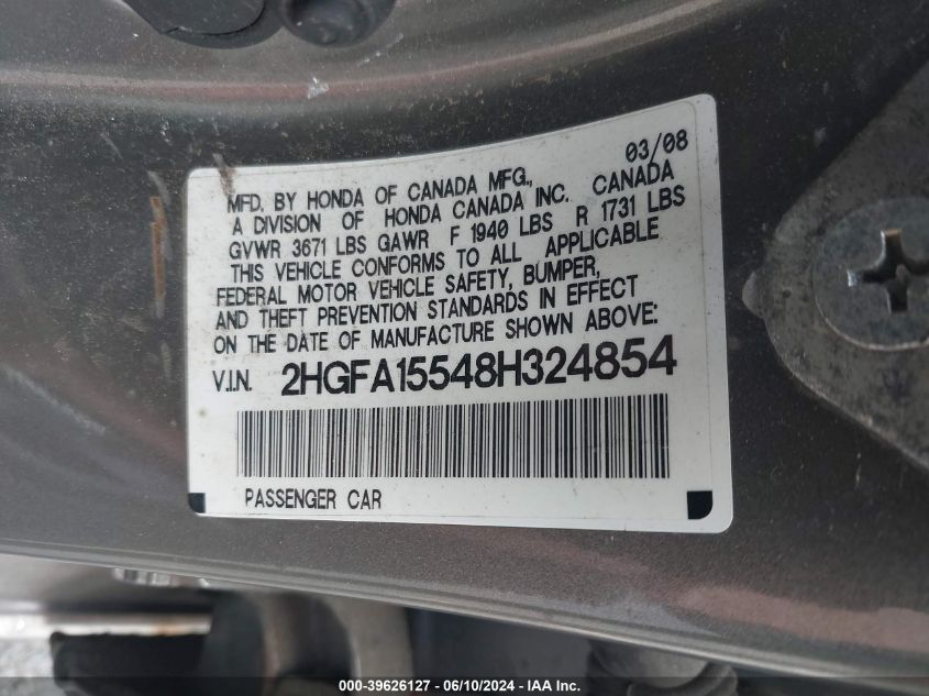 2008 Honda Civic Lx VIN: 2HGFA15548H324854 Lot: 39626127