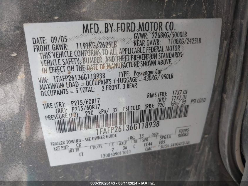 2006 Ford Five Hundred Se VIN: 1FAFP26136G118938 Lot: 39626143