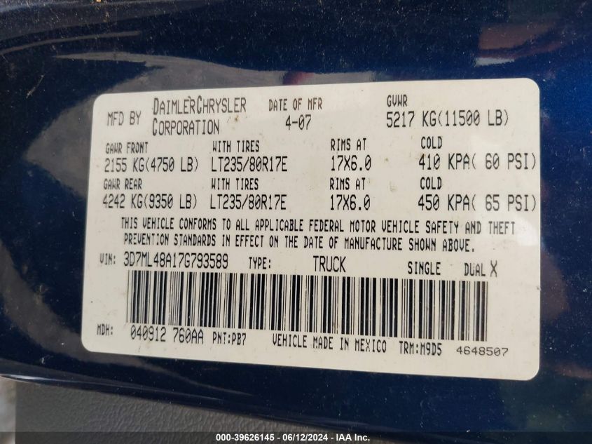 2007 Dodge Ram 3500 Slt/Sport VIN: 3D7ML48A17G793589 Lot: 39626145