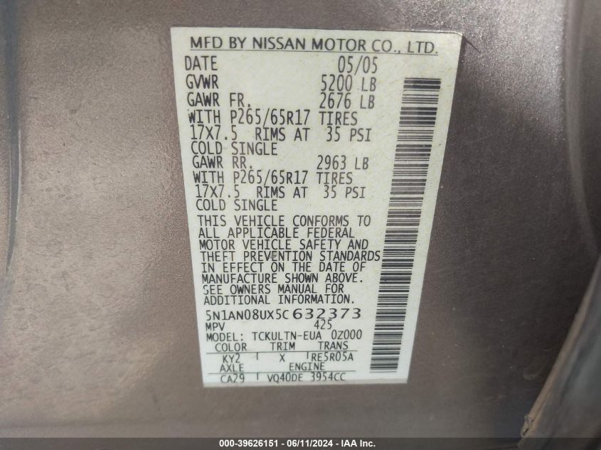 2005 Nissan Xterra Se VIN: 5N1AN08UX5C632373 Lot: 39626151