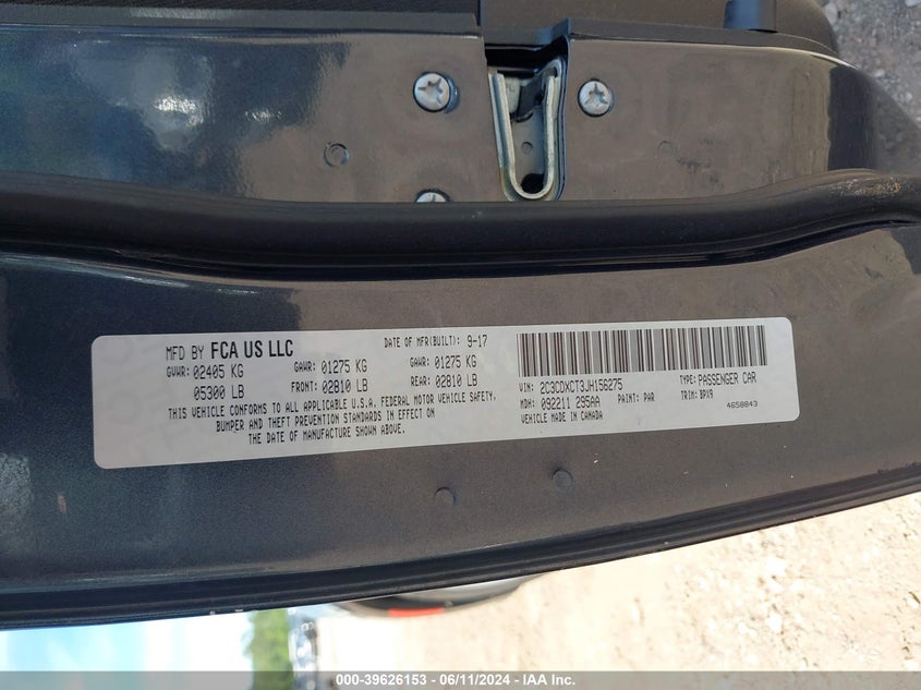 2018 Dodge Charger R/T Rwd VIN: 2C3CDXCT3JH156275 Lot: 39626153