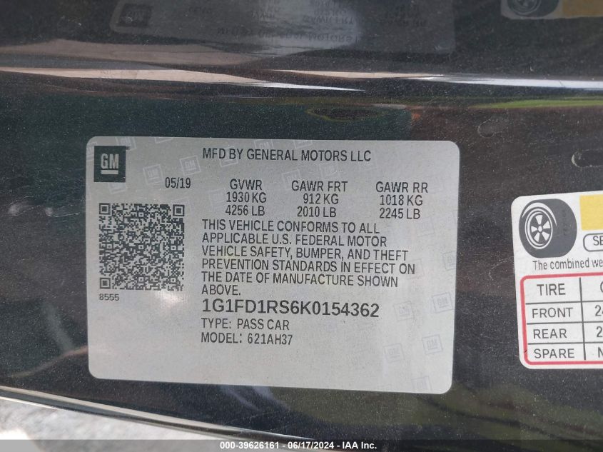 2019 Chevrolet Camaro 2Lt VIN: 1G1FD1RS6K0154362 Lot: 39626161