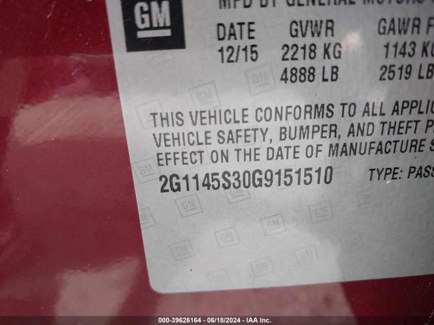 2016 Chevrolet Impala 2Lz VIN: 2G1145S30G9151510 Lot: 39626164