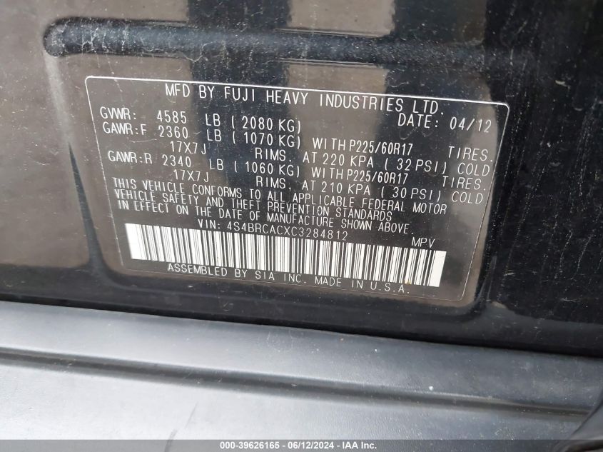 2012 Subaru Outback 2.5I VIN: 4S4BRCACXC3284812 Lot: 39626165