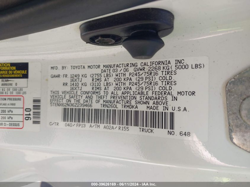 2006 Toyota Tacoma Prerunner VIN: 5TENX62N36Z239466 Lot: 39626169