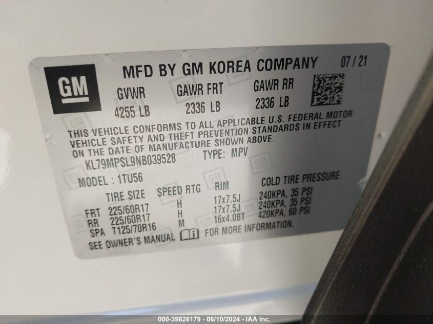 2022 Chevrolet Trailblazer Fwd Lt VIN: KL79MPSL9NB039528 Lot: 39626179