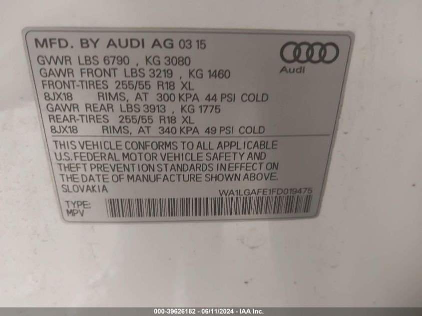 2015 Audi Q7 3.0T Premium VIN: WA1LGAFE1FD019475 Lot: 39626182