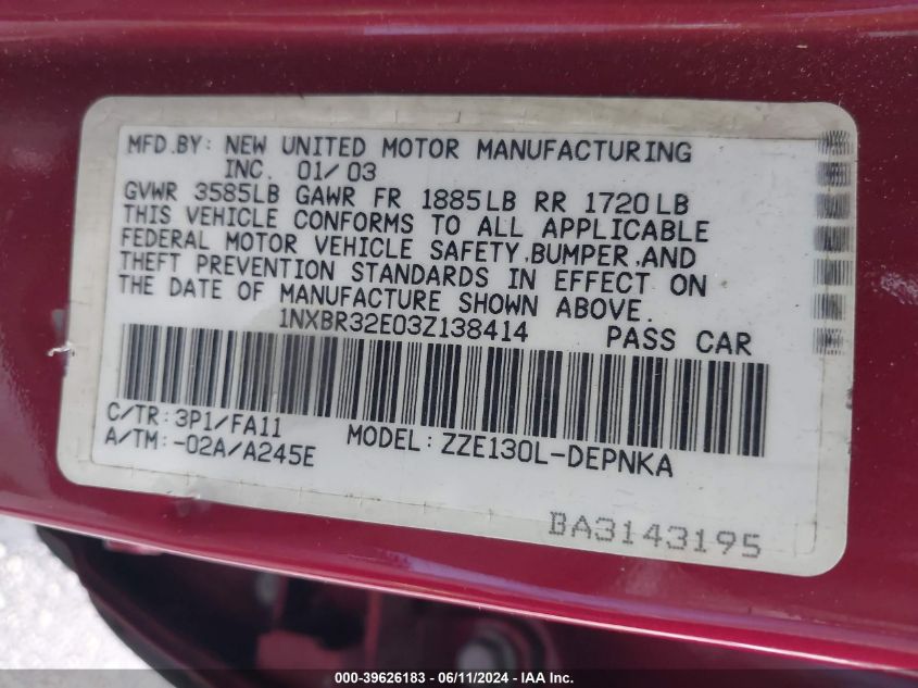 2003 Toyota Corolla Le VIN: 1NXBR32E03Z138414 Lot: 39626183