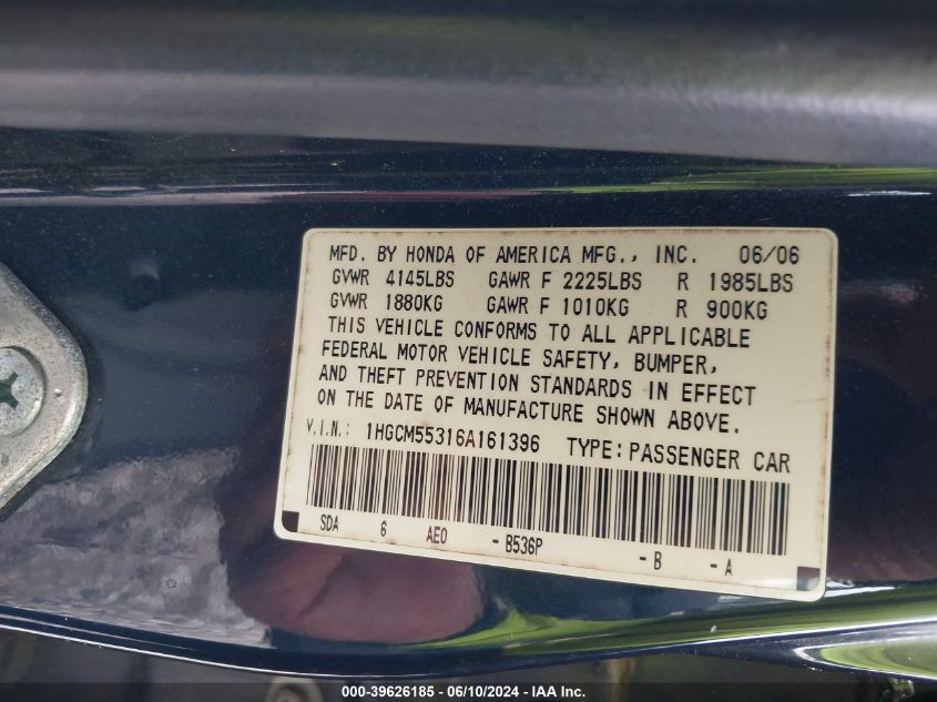 2006 Honda Accord 2.4 Se VIN: 1HGCM55316A161396 Lot: 39626185