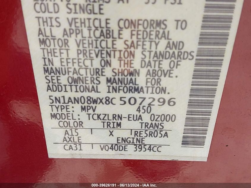 2008 Nissan Xterra S VIN: 5N1AN08WX8C507296 Lot: 39626191