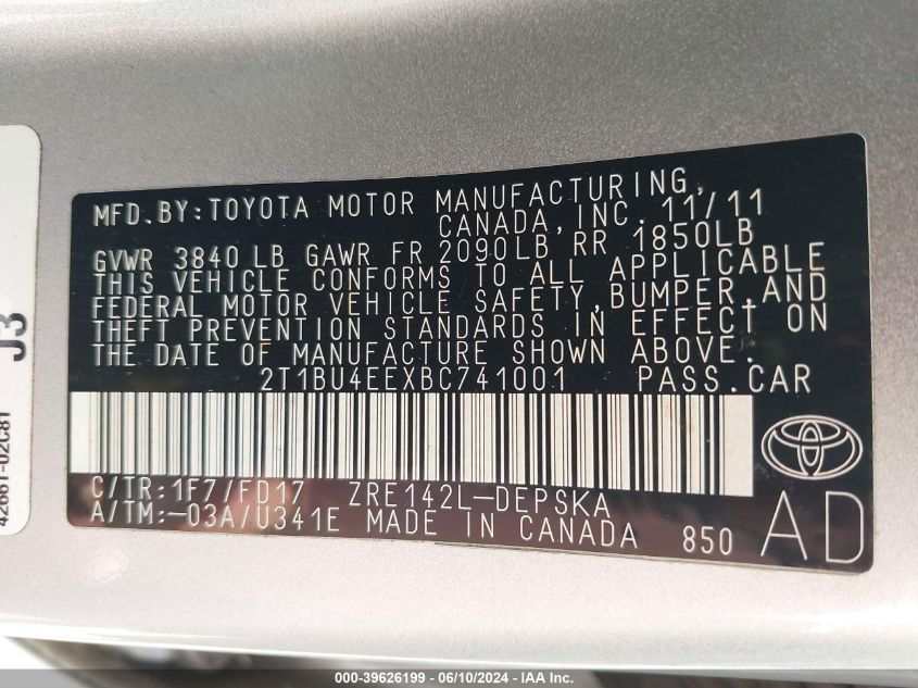 2011 Toyota Corolla S VIN: 2T1BU4EEXBC741001 Lot: 39626199