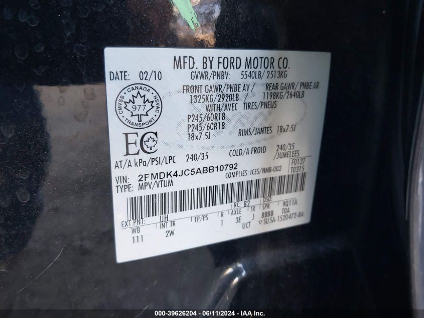 2010 Ford Edge Sel VIN: 2FMDK4JC5ABB10792 Lot: 39626204