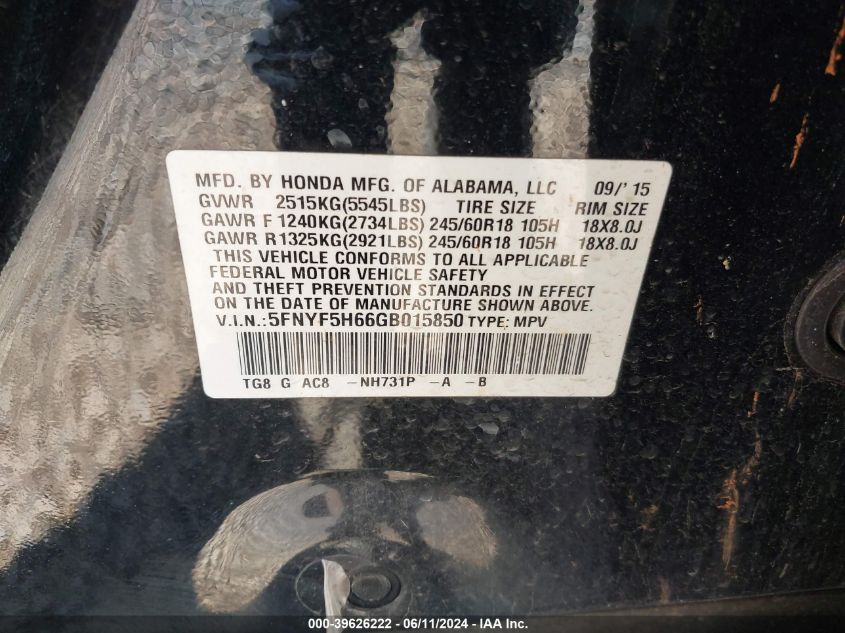 2016 Honda Pilot Ex-L VIN: 5FNYF5H66GB015850 Lot: 39626222