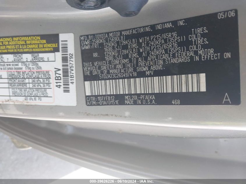 2006 Toyota Sienna Ce VIN: 5TDZA23C26S497418 Lot: 39626226