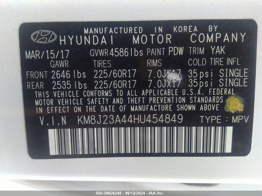 2017 Hyundai Tucson Se VIN: KM8J23A44HU454849 Lot: 39626248