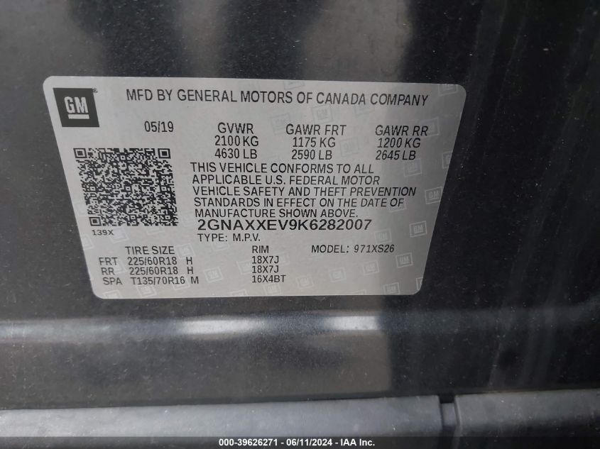 2019 Chevrolet Equinox Premier VIN: 2GNAXXEV9K6282007 Lot: 39626271