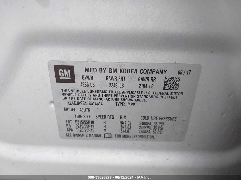 2018 Buick Encore Preferred VIN: KL4CJASB4JB514514 Lot: 39626277