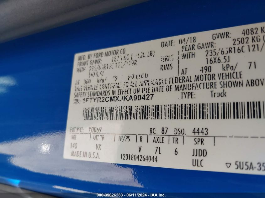 2018 Ford Transit-250 VIN: 1FTYR2CMXJKA90427 Lot: 39626283