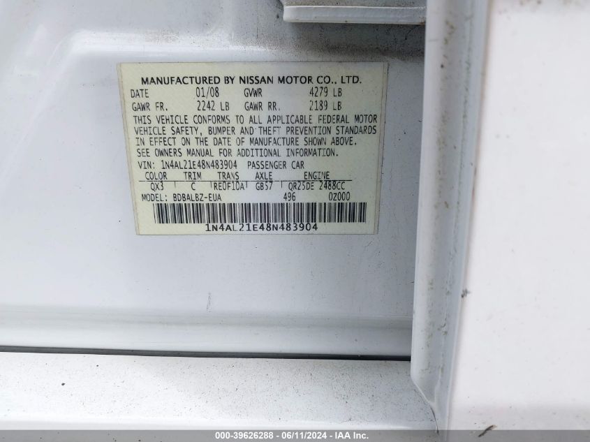 2008 Nissan Altima 2.5 S VIN: 1N4AL21E48N483904 Lot: 39626288