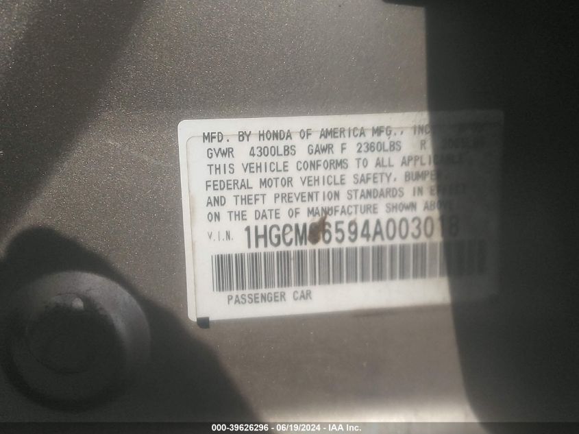 2004 Honda Accord Ex VIN: 1HGCM66594A003018 Lot: 39626296