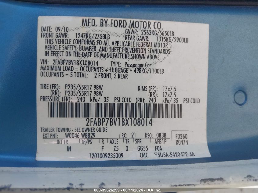 2011 Ford Crown Victoria Police Interceptor VIN: 2FABP7BV1BX108014 Lot: 39626299