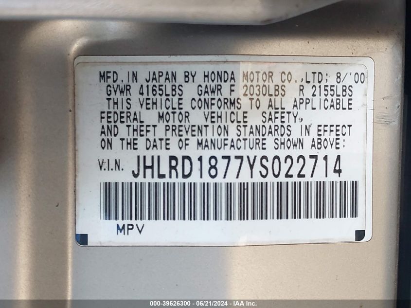 2000 Honda Cr-V Special Edition VIN: JHLRD1877YS022714 Lot: 39626300