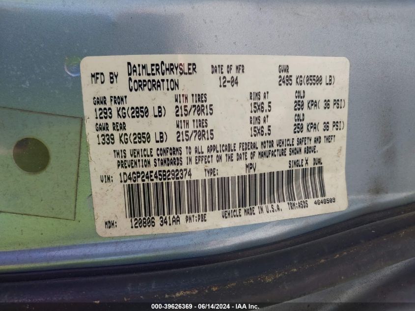 2005 Dodge Grand Caravan Se VIN: 1D4GP24E45B292374 Lot: 39626369