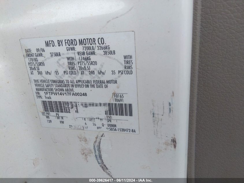 2007 Ford F-150 Fx4/Lariat/Xlt VIN: 1FTPW14V17FA00248 Lot: 39626417