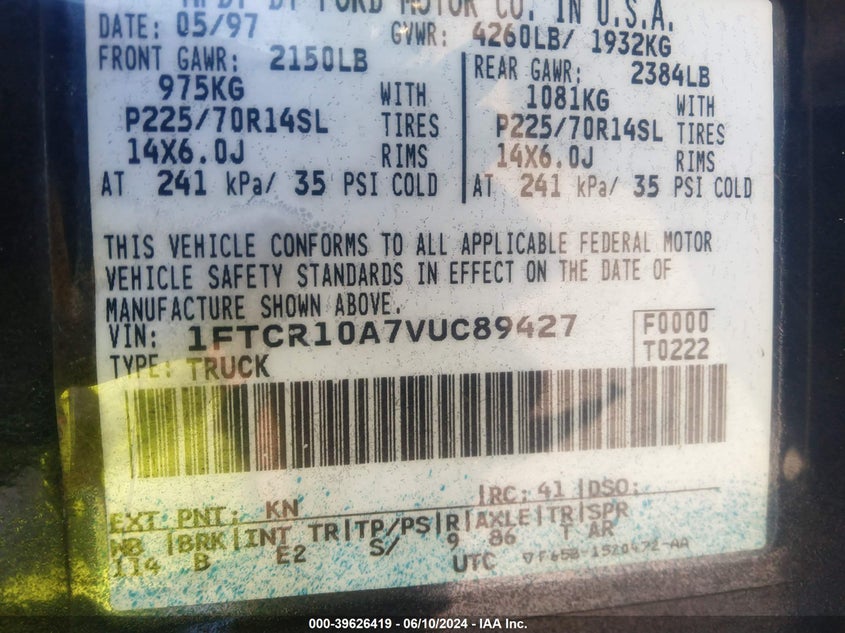 1997 Ford Ranger Splash/Xl/Xlt VIN: 1FTCR10A7VUC89427 Lot: 39626419