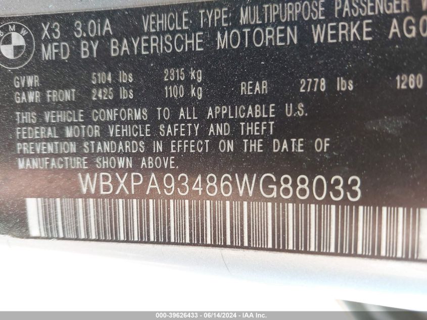 2006 BMW X3 3.0I VIN: WBXPA93486WG88033 Lot: 39626433
