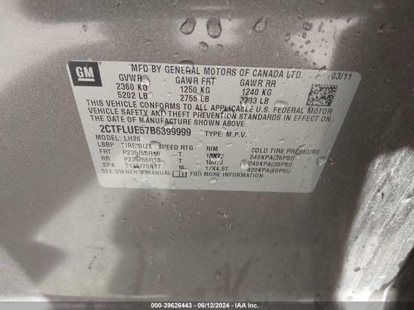 2011 GMC Terrain Slt-1 VIN: 2CTFLUE57B6399999 Lot: 39626443