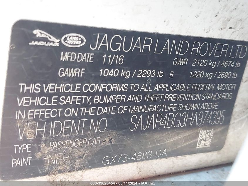 2017 Jaguar Xe VIN: SAJAR4BG3HA974395 Lot: 39626454