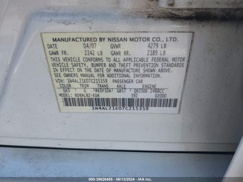 2007 Nissan Altima 2.5 S VIN: 1N4AL21E07C215359 Lot: 39626455