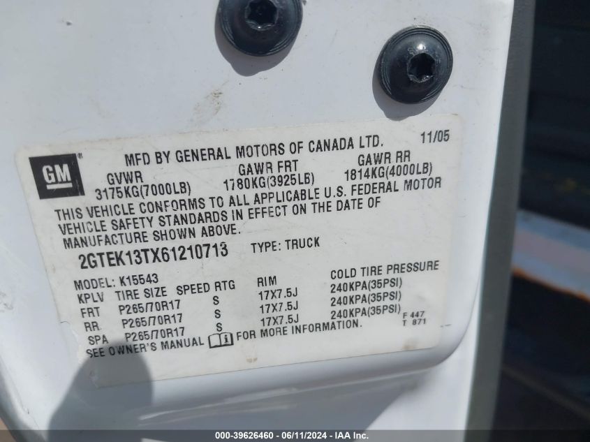 2006 GMC Sierra 1500 Sle2 VIN: 2GTEK13TX61210713 Lot: 39626460