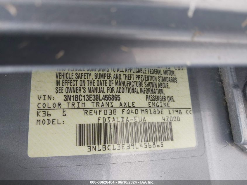 2009 Nissan Versa 1.8S VIN: 3N1BC13E39L456865 Lot: 39626464